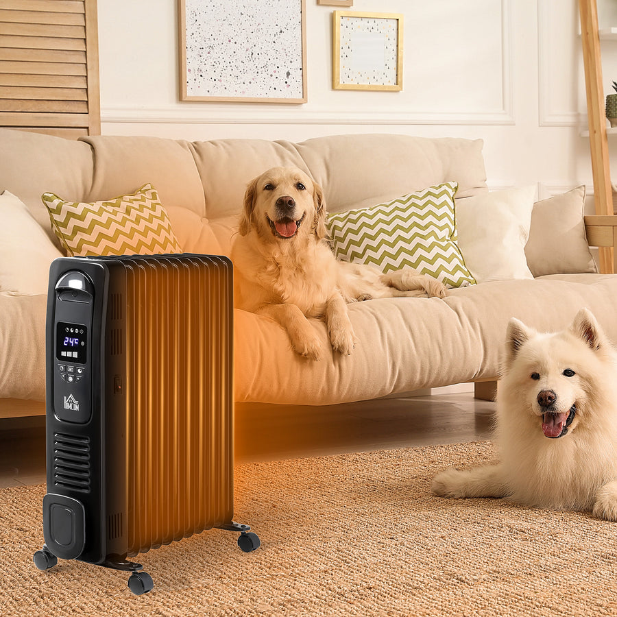 2500W Digital Display Oil Filled Radiator, 11 Fin Portable Electric Heater with Timer, Adjustable Thermostat, Three Heat settings, Safety Cut Off, Remote, Black