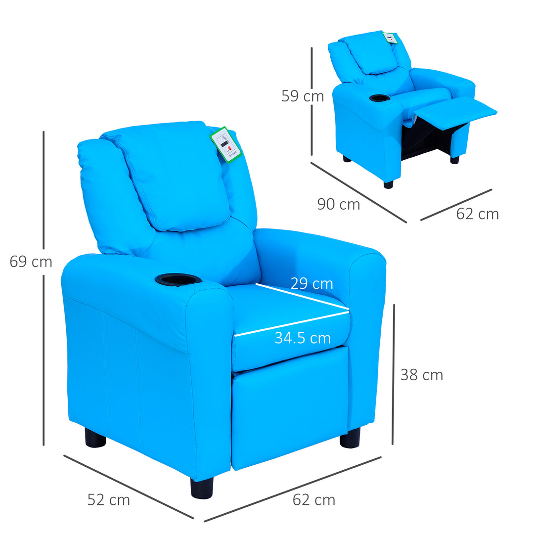 MCL Kids Recliner Chair, PU Leather with Adjustable Backrest, Footrest, Padded Headrest, Blue