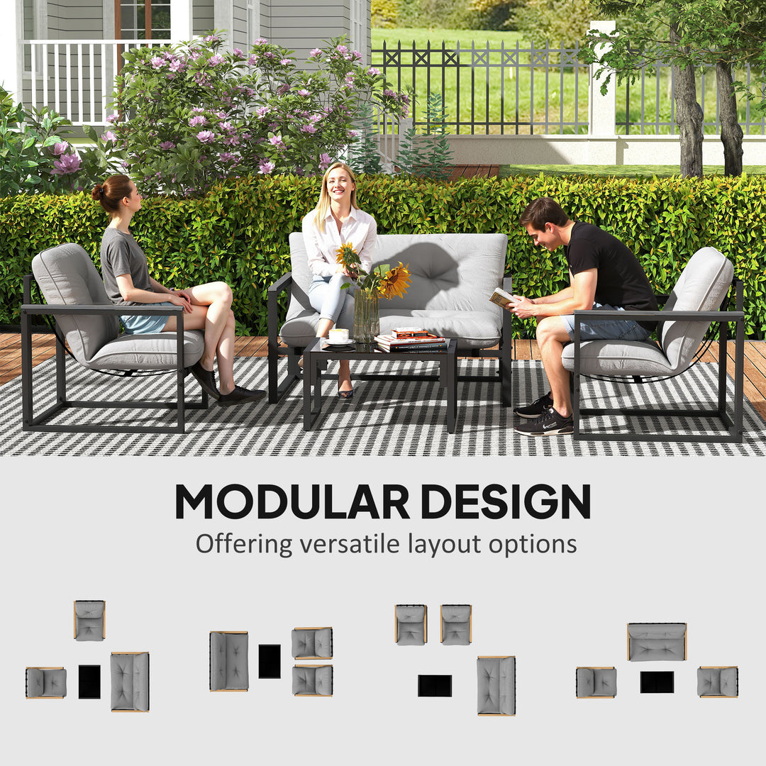 Garden Furniture Set, 4 Piece Indoor Outdoor Conservatory with Loveseat Sofa, Armchairs, Glass Top Coffee Table, Cushions for Balcony, Poolside, Patio, Dark Grey