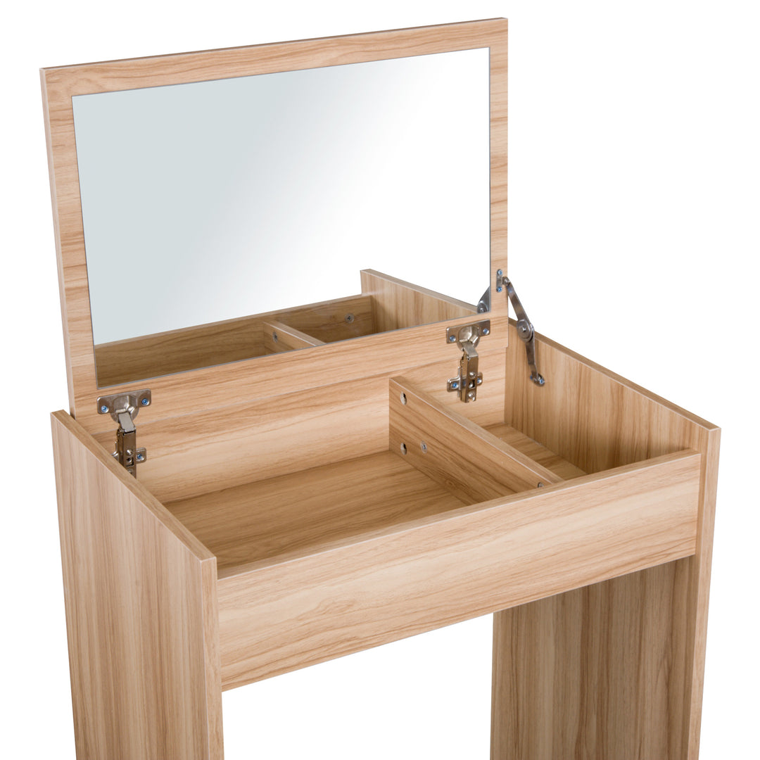 Dressing Table with Mirror and Stool, Vanity Makeup Table with Flip Up Mirror, Vanity Desk with Storage Unit and Padded Seat, Wood