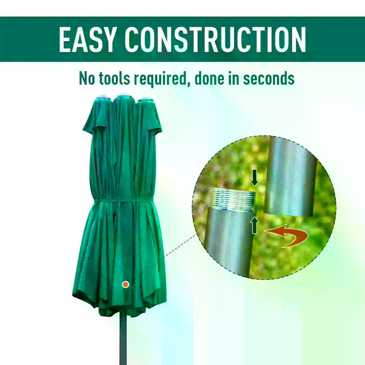 4.6M Sun Umbrella Canopy Double-sided Crank Sun Shade w/ Cross Base Dark Green