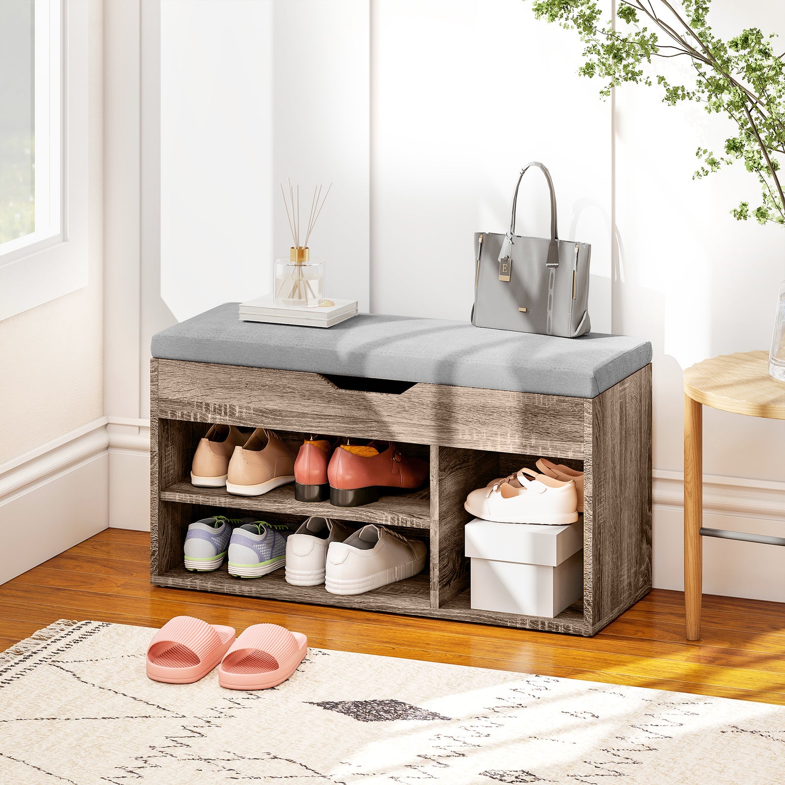 Shoes Cabinet Bench Hidden Storage Padded Seat Organiser Footwear Rack Hallway Grey Wood Grain