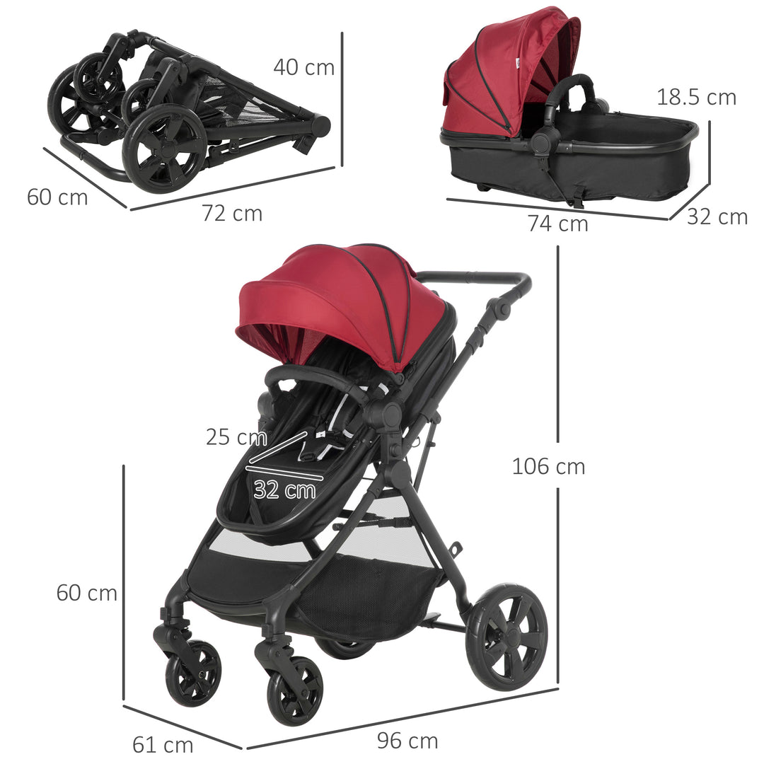 HOMCOM 2 in 1 Reversible Seat Pushchair, Lightweight, Foldable Travel Stroller, Fully Reclining, 5-point Harness, Red