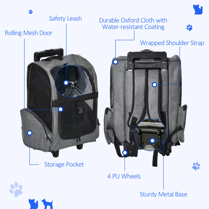 Pet Travel Backpack Bag Cat Puppy Dog Carrier w/ Trolley and Telescopic Handle Portable Stroller Wheel Luggage Bag (Grey)