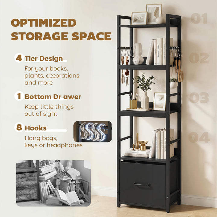 4-Tier Bookshelf, Narrow Bookcase with Drawer, 8 Hooks, Metal Frame, B