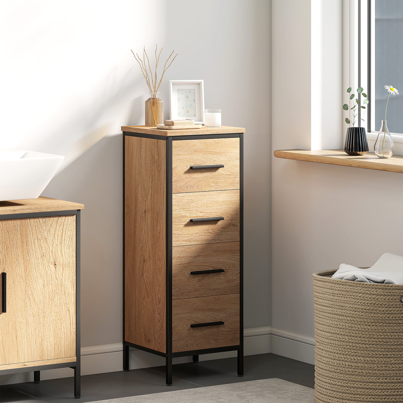 Narrow Bathroom Storage Cabinet with 4 Drawers - Oak