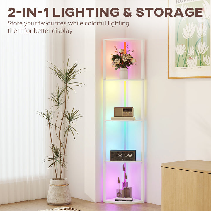 RGB LED Floor Lamp with Shelves, 5-Tier Dimmable Standing Lamp with Adjustable Brightness and Remote Control, Modern Corner Display Shelf Unit for Living Room Bedroom Office, White