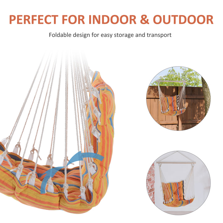 Outdoor Hanging Rope Chair with Soft Padded Seat & Backrest, Garden Hammock Chair with Wooden Support Bar Cotton Cloth, Portable Garden Chair for Patio & Tree, Orange