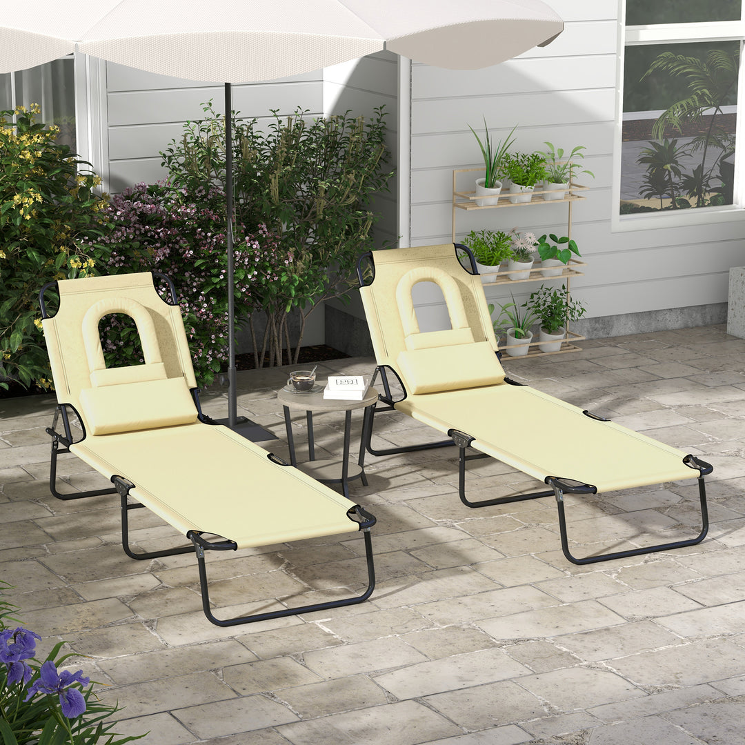 Outsunny Outdoor Foldable Sun Lounger Set of 2, 4 Level Adjustable Backrest Reclining Sun Lounger Chair with Pillow and Reading Hole, Beige | Aosom UK