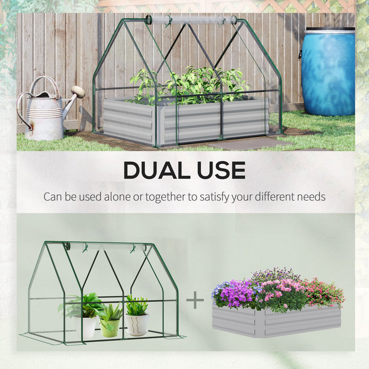 Raised Garden Bed with Greenhouse, Steel Planter Box with Plastic Cover, Roll Up Window, Dual Use for Flowers, Vegetables, Fruits and Herbs, 127L x 95W x 92H cm, Clear