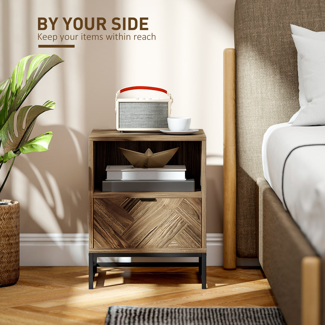 Bedside Table with Drawer and Shelf, Side End Table with Steel Legs for Living Room, Bedroom, Brown Wood Effect