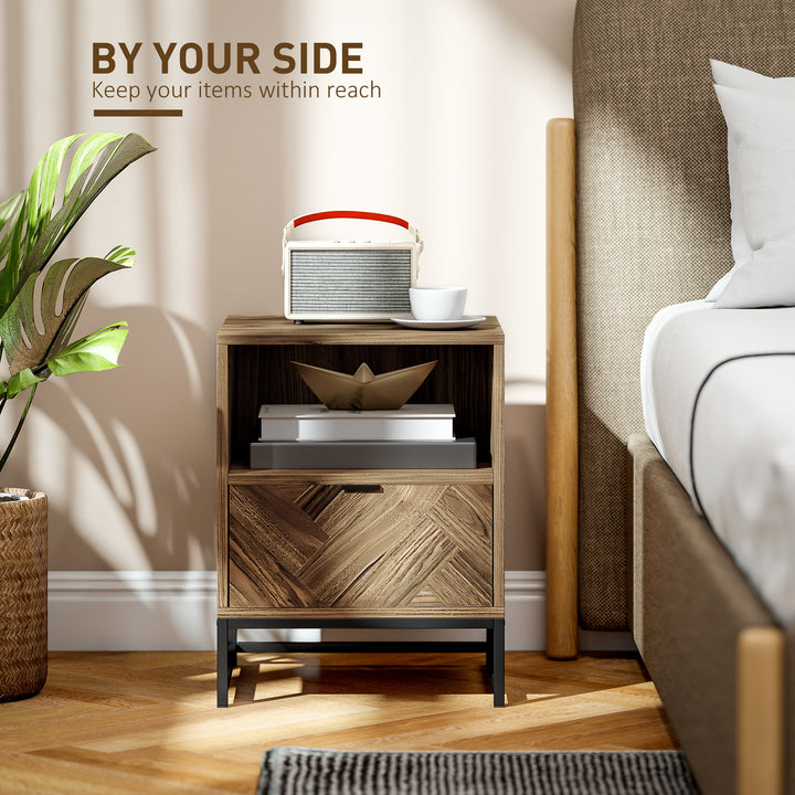 Bedside Table with Drawer and Shelf, Side End Table with Steel Legs for Living Room, Bedroom, Brown Wood Effect