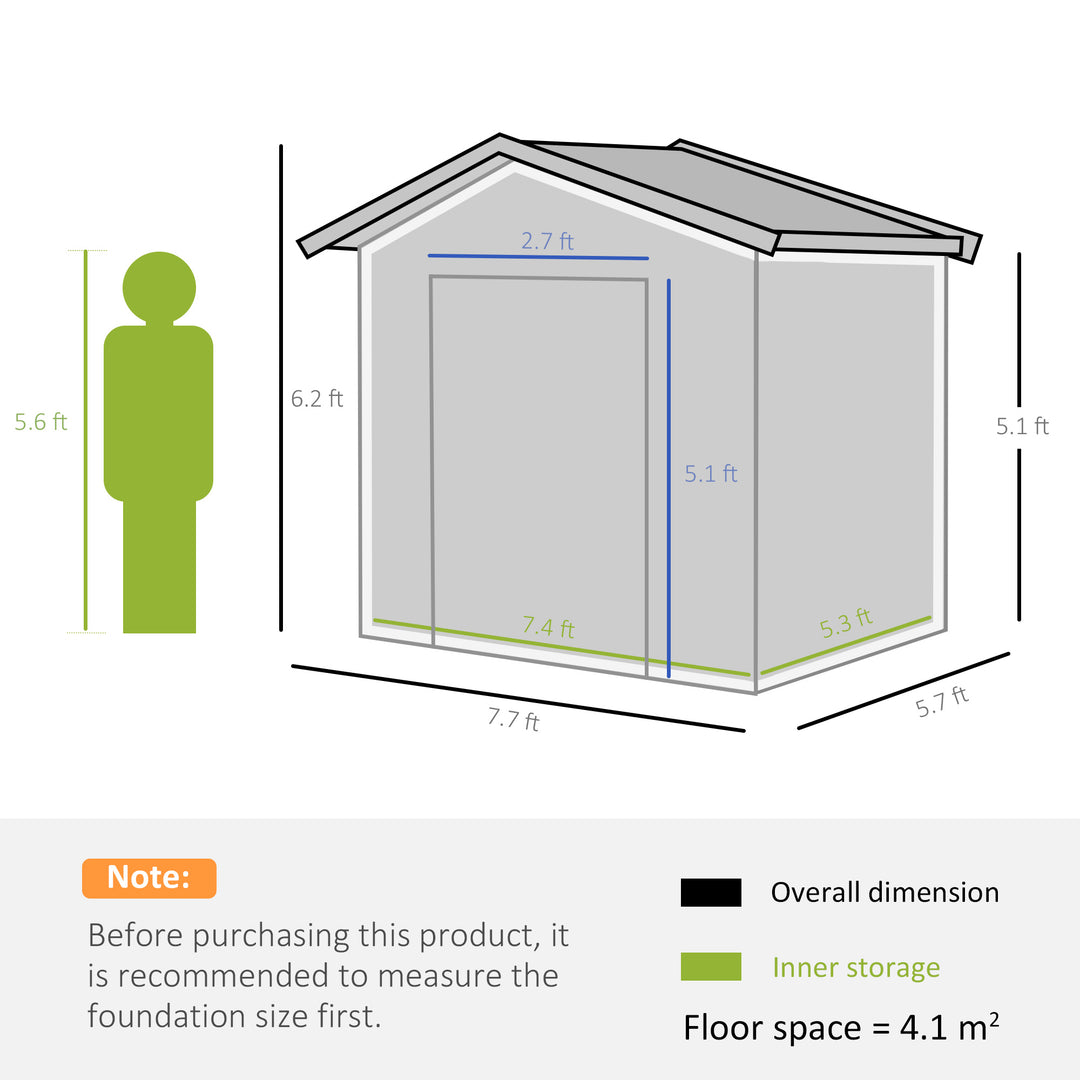 Outsunny 8 x 6ft Garden Storage Shed Double Door Ventilation Windows Sloped Roof Outdoor Equipment Tool, Grey