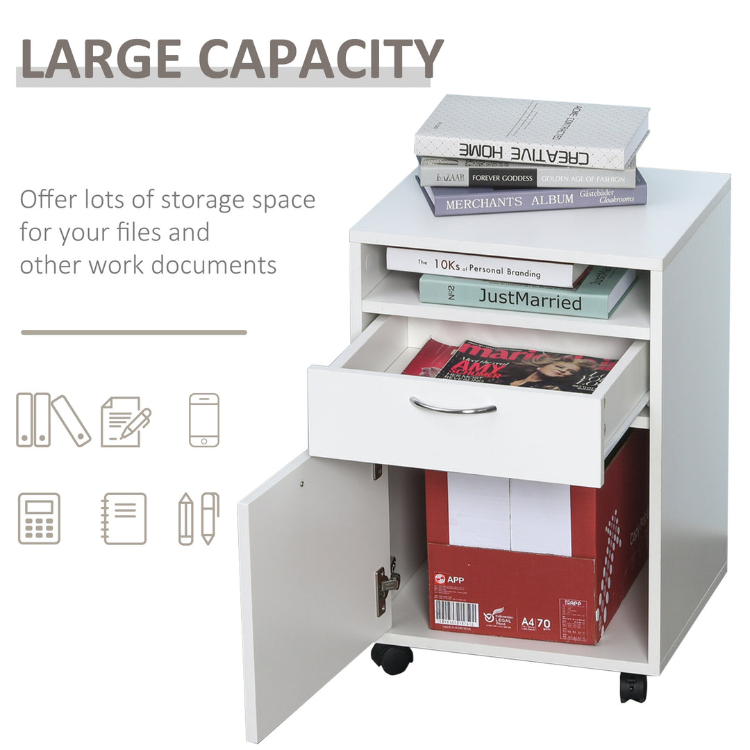 HOMCOM 60cm Storage Cabinet w/ Drawer Open Shelf Metal Handles 4 Wheels Office Home Organiser Mobile Printer White | Aosom UK