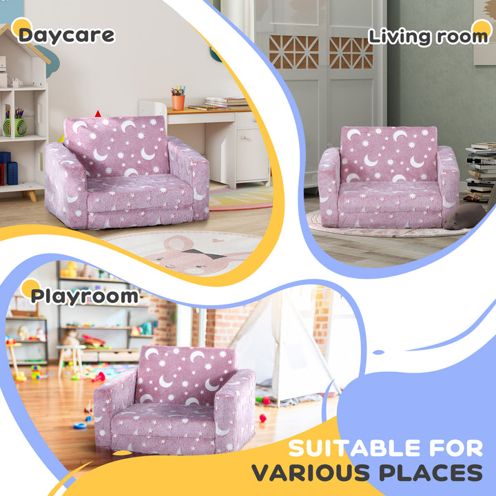 AIYAPLAY Childrens Sofa Beds 2 in 1 Kids Foldable Chair with Glow in The Dark Stars Moon Design, Washable Cushion and Cover, Pink | Aosom UK