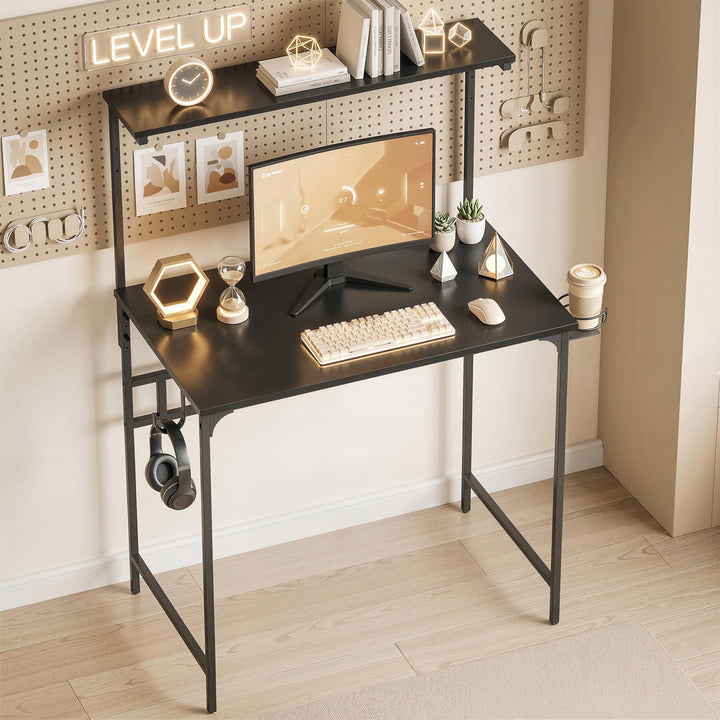 Computer Desk, 80cm Home Office Study Table with Hutch Shelf, Cup Hold