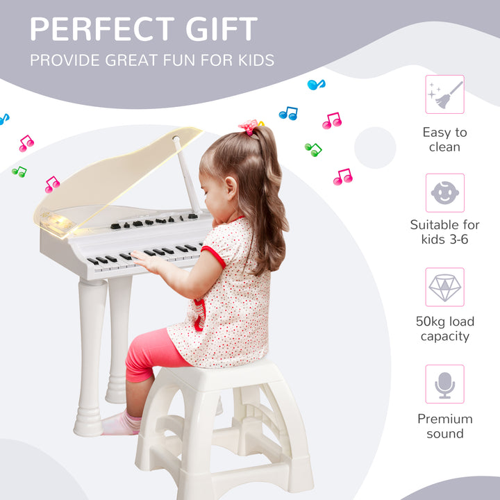 AIYAPLAY Children's 32-Key Electronic Piano Keyboard w/ Stool, Interactive Lights, Microphone, Variety of Sounds for Kids, White | Aosom UK