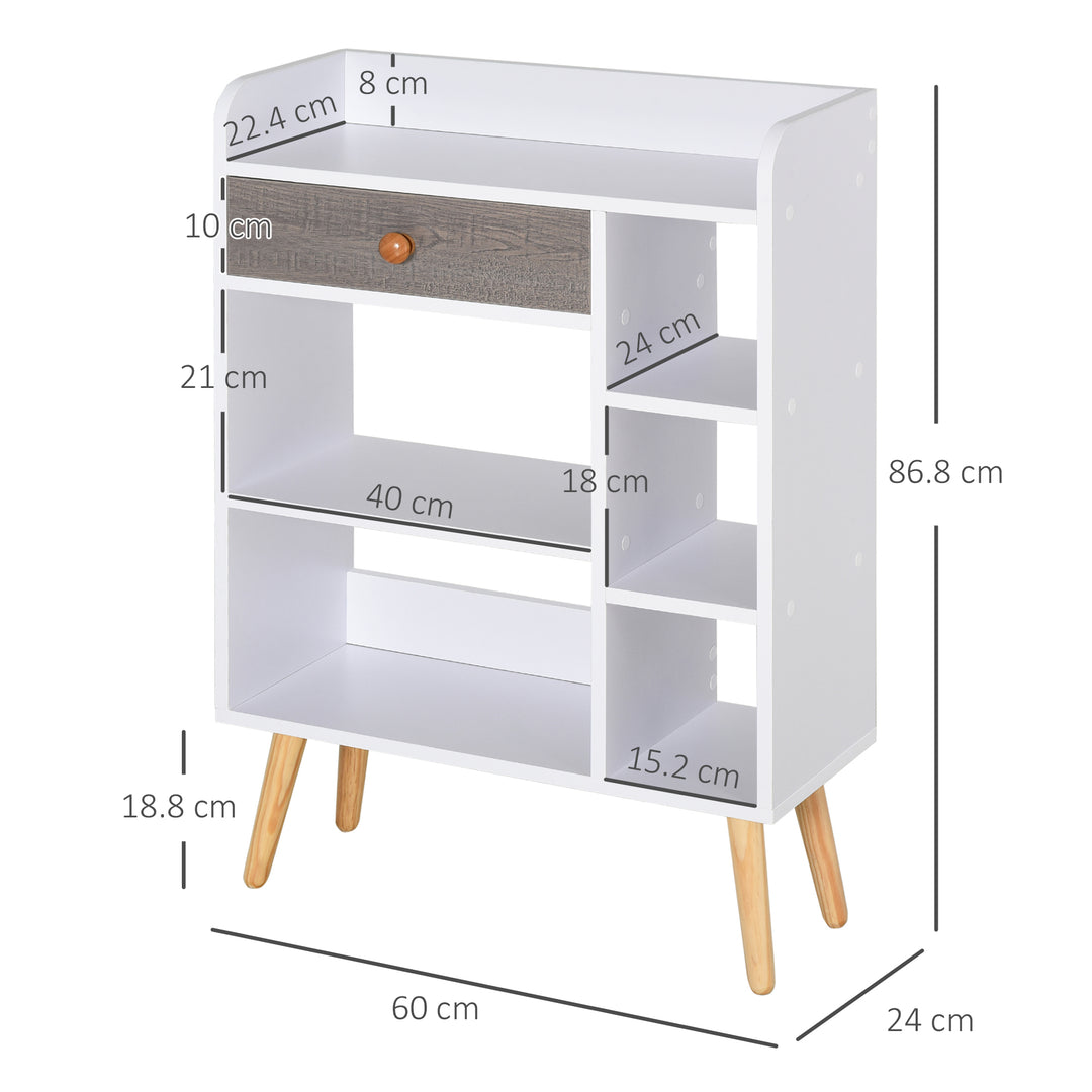 Bookcase, Freestanding Book Shelf with Storage Drawer, 6 Shelves and Wood Legs for Home Office Display, White and Grey, 24D x 60W x 86.8H cm