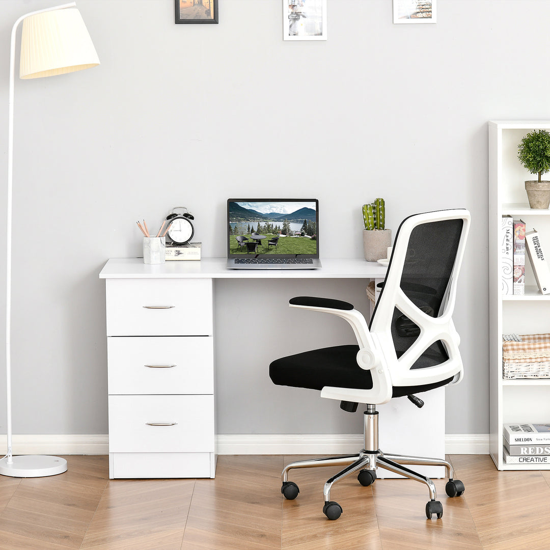 Computer Desk, Writing Table, PC Workstation with 3 Storage Shelves and Drawers, Silver Handle, for Home Office, White
