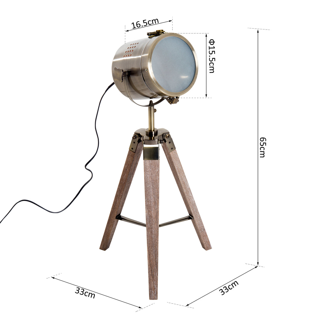 HOMCOM Bedside Light, Vintage Tripod Table Desk Lamp, Spotlight, Brass Antique Searchlight with Folded Wooden Base | Aosom UK