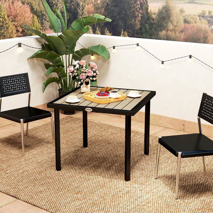 Square Garden Dining Table with 5.4cm Parasol Hole, Slatted Top, Metal Frame, 86 x 86 x 71cm, Brown