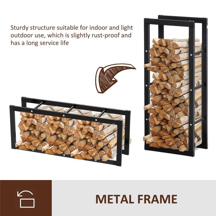 MCL Metal Firewood Log Holder Tall Firewood Rack Indoor Outdoor Fireplace Wood Storage Shelf with Side Rails, Rust-Resistant, Black, 40W x 25D x 100H cm