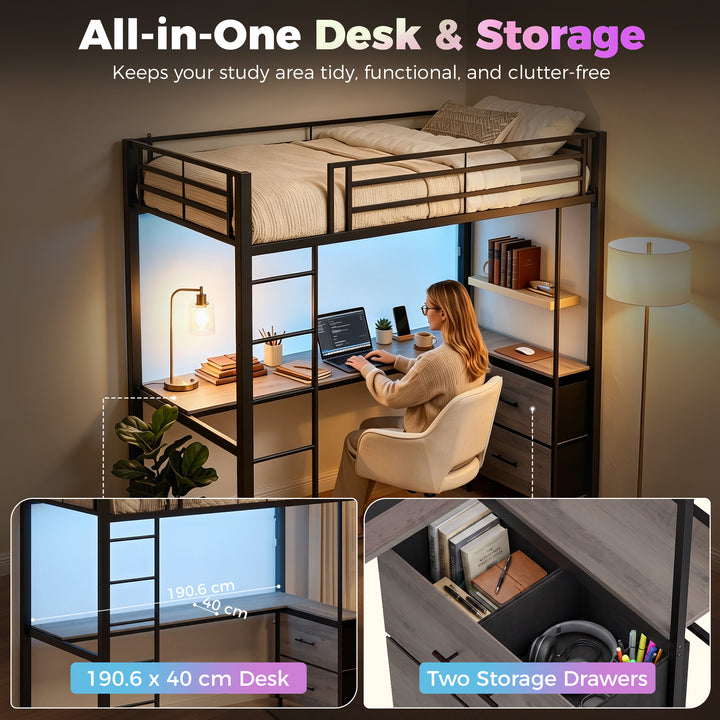 Metal Bunk Bed with Desk, High Sleeper Bed with LED Light and Safety G