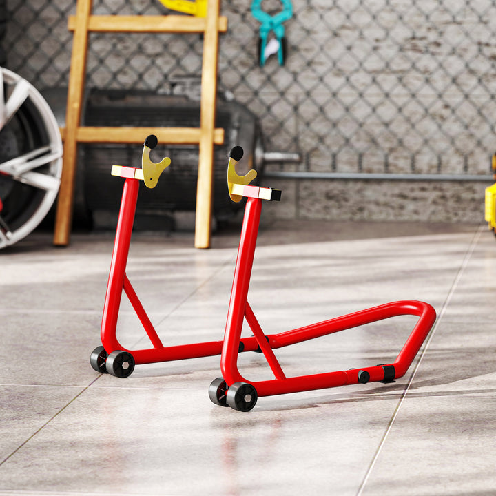 Motorcycle Rear Wheel Stand, 544 kg Capacity Heavy Duty Steel Motorbike Motorcycle Paddock Stand Lift with Adjustable U + L Forks, Wheels, Non-Slip Pads for Workshop Garage Repair, Red