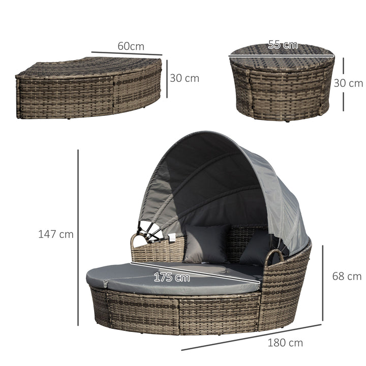 Outdoor PE Rattan Garden Furniture with Cushioned, Patio Wicker Conversation Furniture Set, Round Daybed with Retractable Canopy, Coffee Table and Three Pillows, Dark Grey