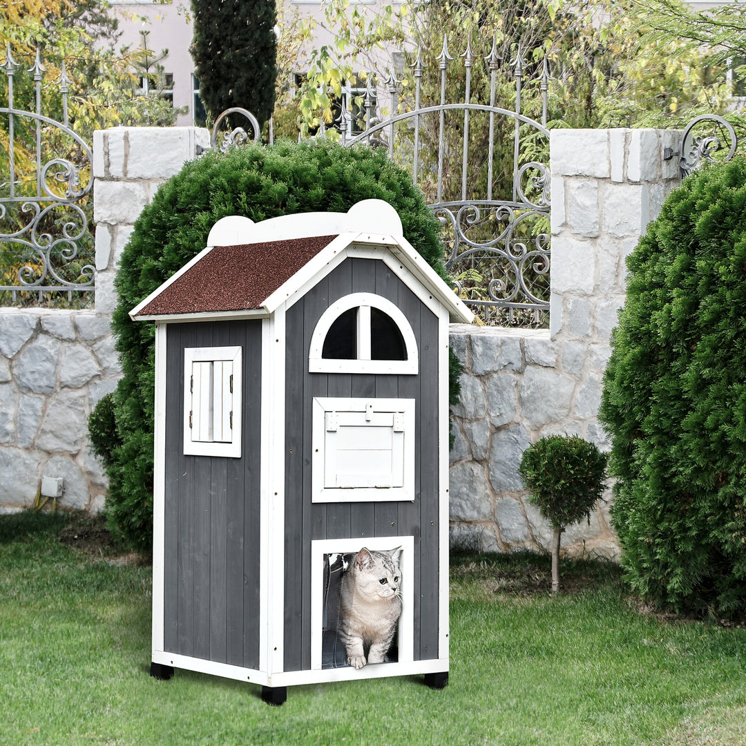 PawHut Wooden Cat House, Weatherproof Pet Shelter, Outdoor Cat Condos Cave, 2 Floor Furniture, Grey and White | Aosom UK