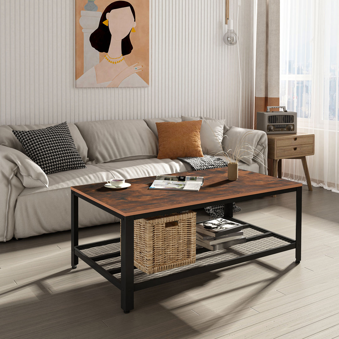 Coffee Table Industrial Side Table Living Room Table with Storage Shelf and Metal Frame for Home Office, 106L x 60W x 45Hcm
