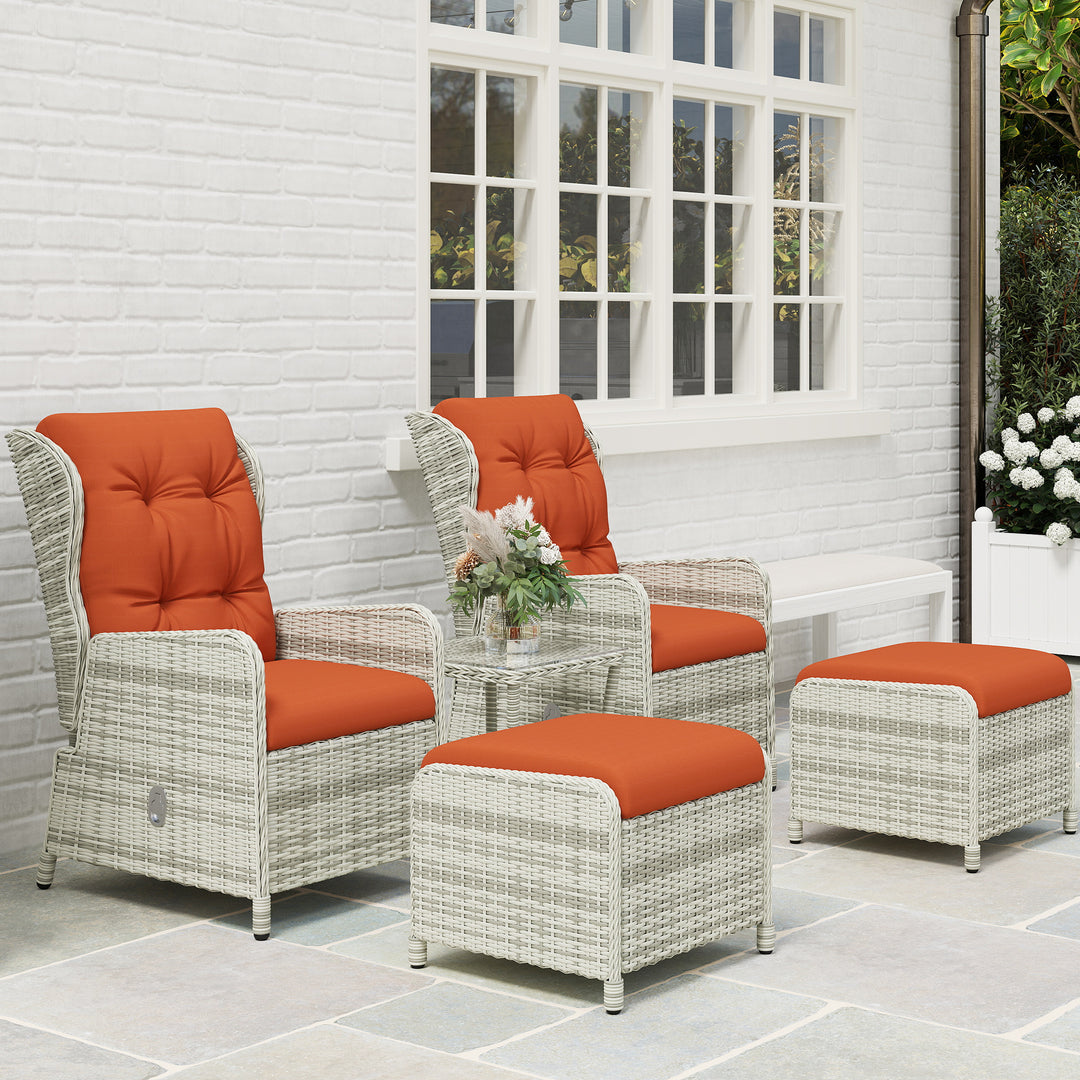 5 Pieces Rattan Bistro Set with Adjustable Back, Reclining Wicker Balcony Furniture with Cushions, Glass Top Coffee Table and Footstools, Outdoor Table and Chairs, Orange