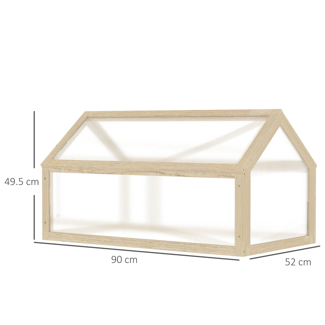 Outsunny Polycarbonate Cold Frame Greenhouse, Wooden Grow House with Top Opening for Flowers, Vegetables, 90 x 52 x 50 cm, Natural