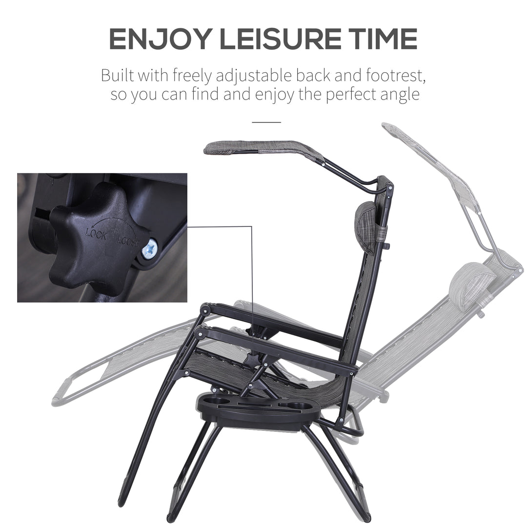 Foldable Reclining Garden Chair with Headrest, Zero Gravity Deck Sun Lounger Seat Chair with Footrest, Armrest, Cup Holder & Canopy Shade, Grey