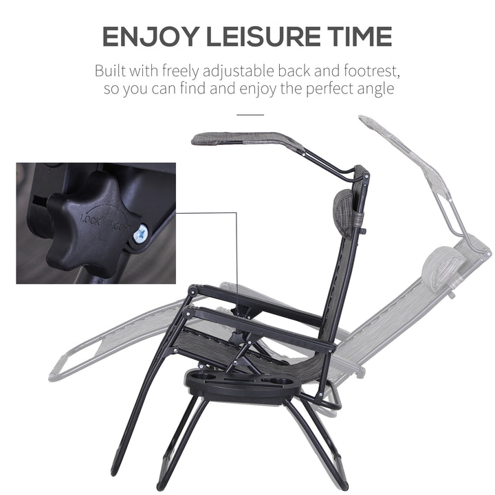 Foldable Reclining Garden Chair with Headrest, Zero Gravity Deck Sun Lounger Seat Chair with Footrest, Armrest, Cup Holder & Canopy Shade, Grey