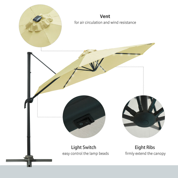 3(m) LED Cantilever Parasol Garden Sun Umbrella w/ Base and Solar Lights Beige