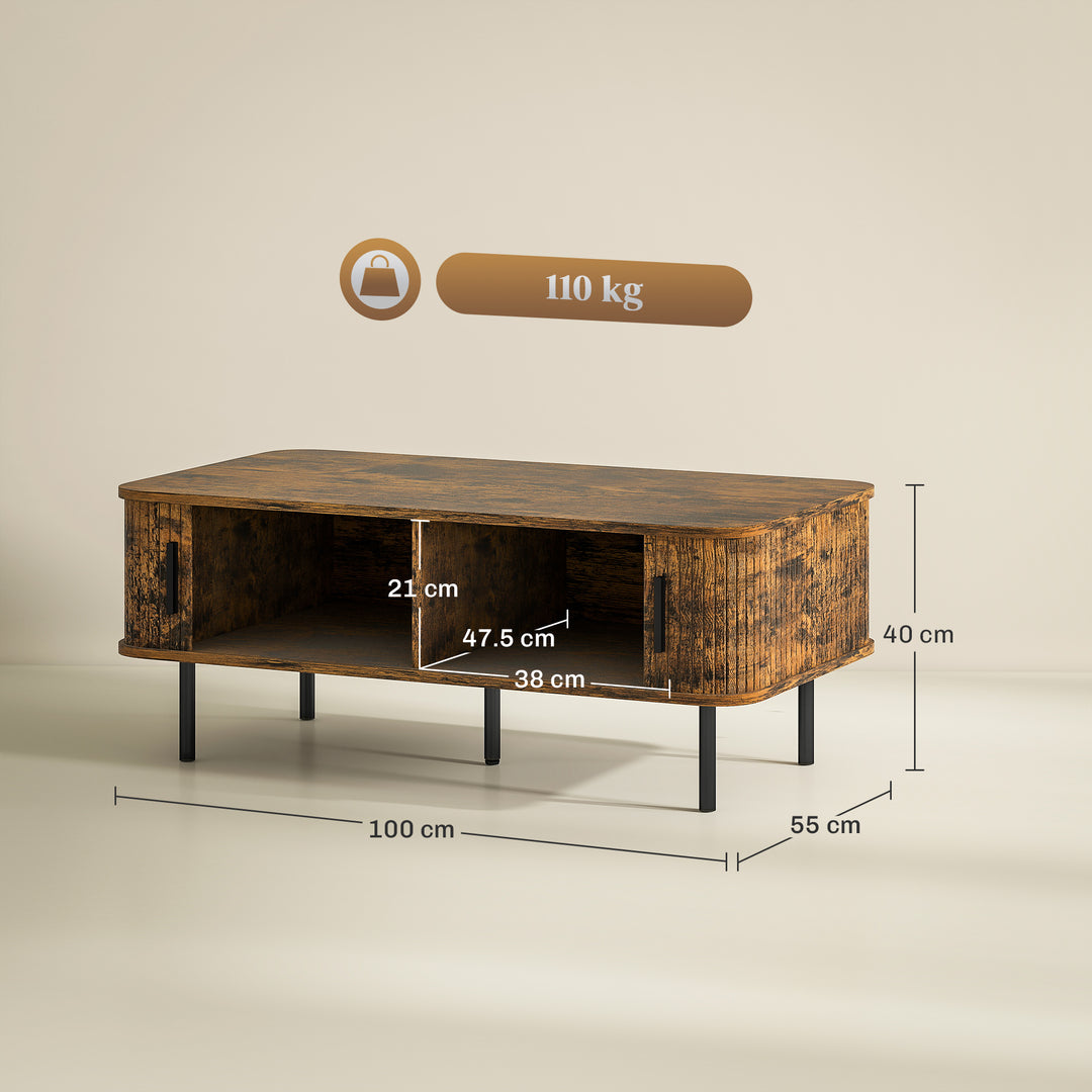 Coffee Table with Storage, Living Room Table with Slatted Tambour Sliding Doors and Foot Pads, Rectangular Coffee Table with Elevated Base for Living Room, Rustic Brown