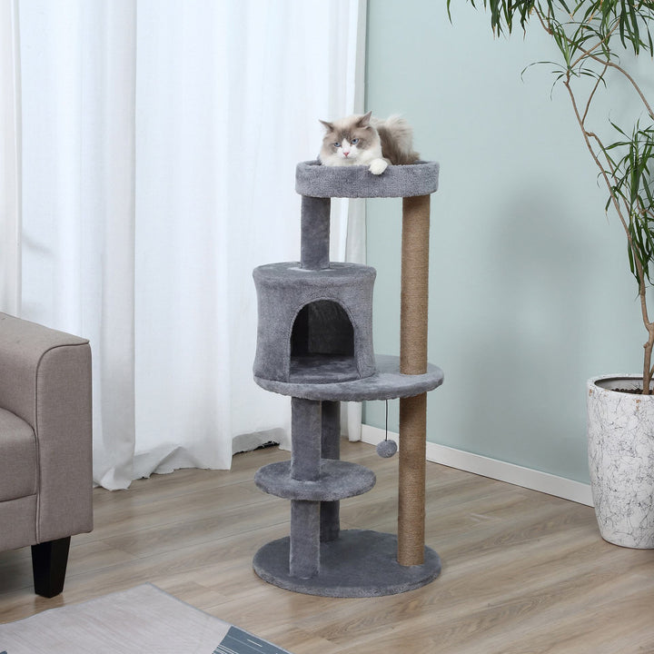 PawHut Deluxe Cat Tree with 3-Tier, Scratching Posts, Play Ball, and Plush Toy for Climbing and Relaxing, Grey | Aosom UK