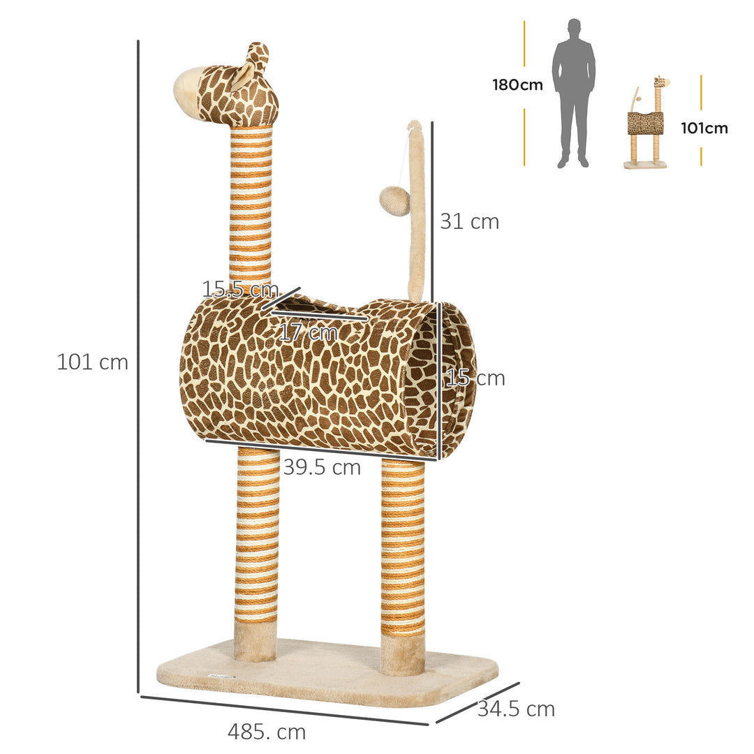 PawHut Giraffe Cat Tree, Indoor Play Tower with Scratching Posts, Tunnel, Ball Toy, 48.5 x 34.5 x 101 cm | Aosom UK