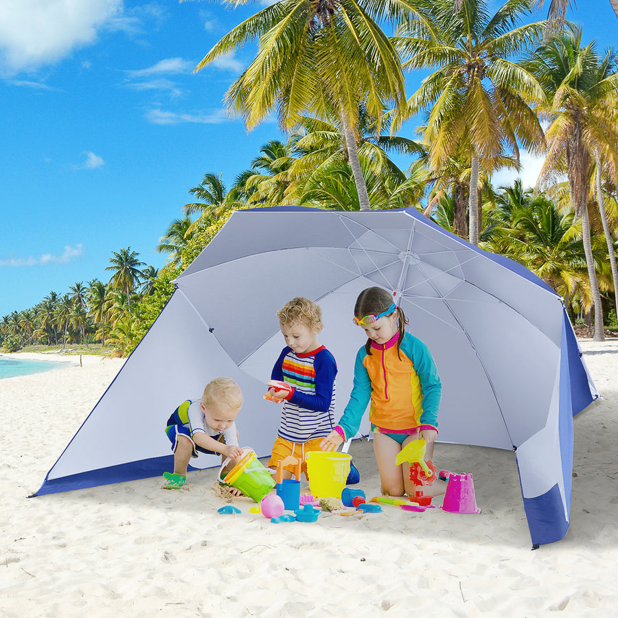 2m UV Protection Fishing Beach Umbrella Brolly Shelter w/ Side Panel Tent Blue