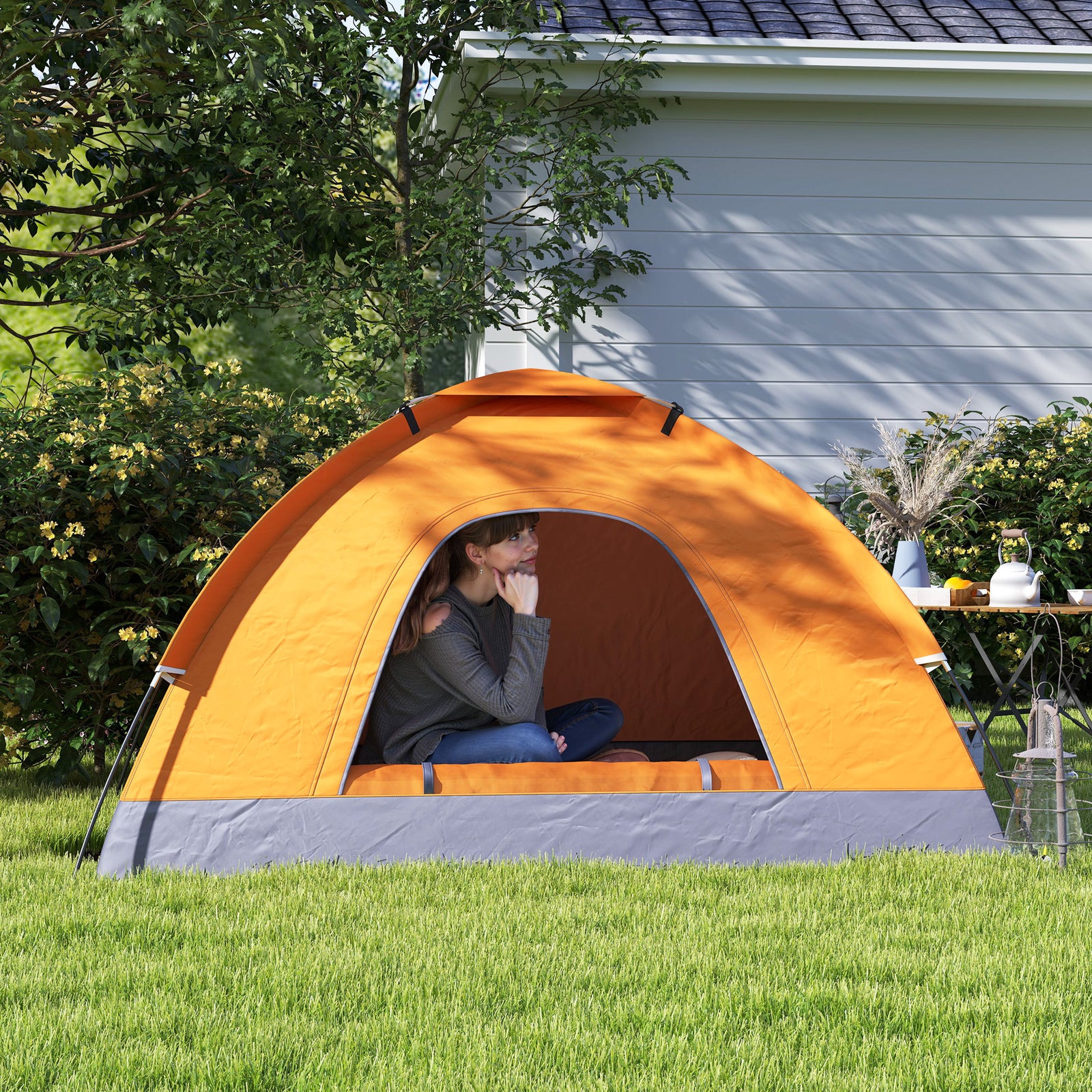 2 Person Camping Tent, Dome Tent with Zipped Doors, Storage Pocket, Portable Handy Bag, Orange