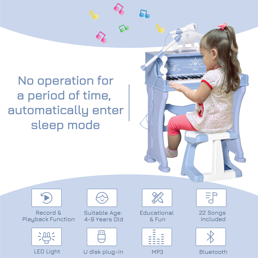 HOMCOM Mini Electronic Keyboard for Kids, 37 Keys Musical Instrument w/ Stool, Microphone & Educational Games, Light-Up Piano Toy Set, Blue | Aosom UK