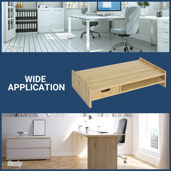 MCL Monitor Riser Laptop PC Plinth Stand TV Computer Desktop Organiser W/ Drawer Bamboo