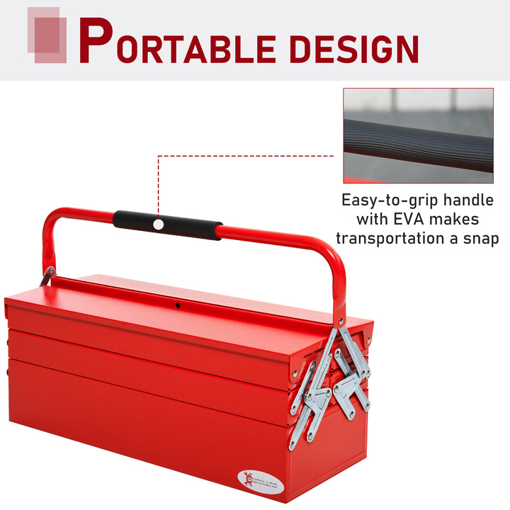 Metal Tool Box 3 Tier 5 Tray Professional Portable Storage Cabinet Workshop Cantilever Toolbox with Carry Handle, 56cmx20cmx34cm, Red