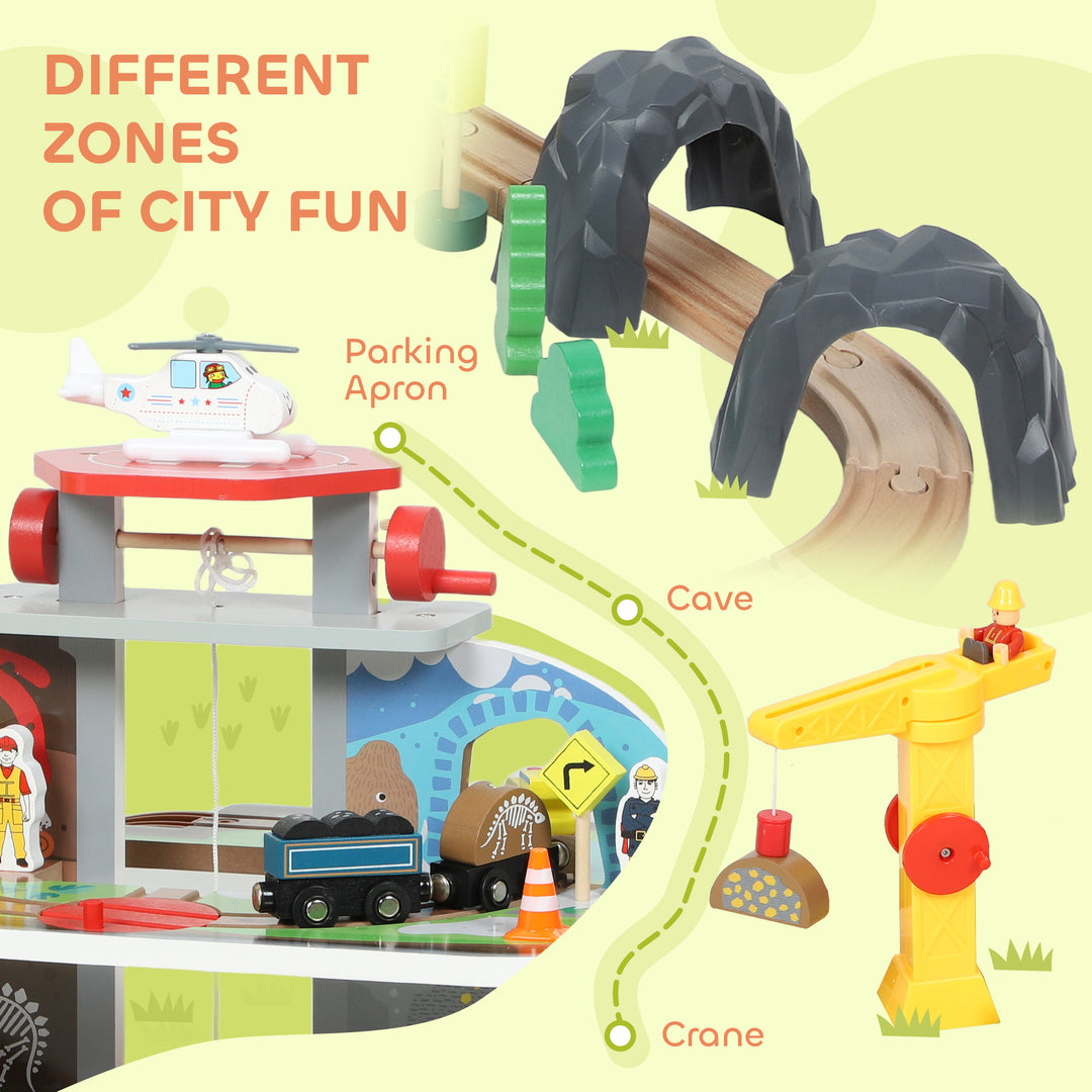 MCL 79 Piece Wooden Train Set, Kids Train Track Mine Themed with Crane, Helicopter