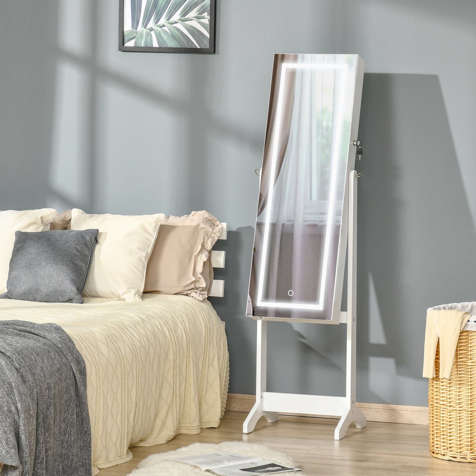 Jewellery Cabinet with LED Light, Lockable Jewellery Organiser with Full-Length Mirror for Bedroom Dressing Room, White