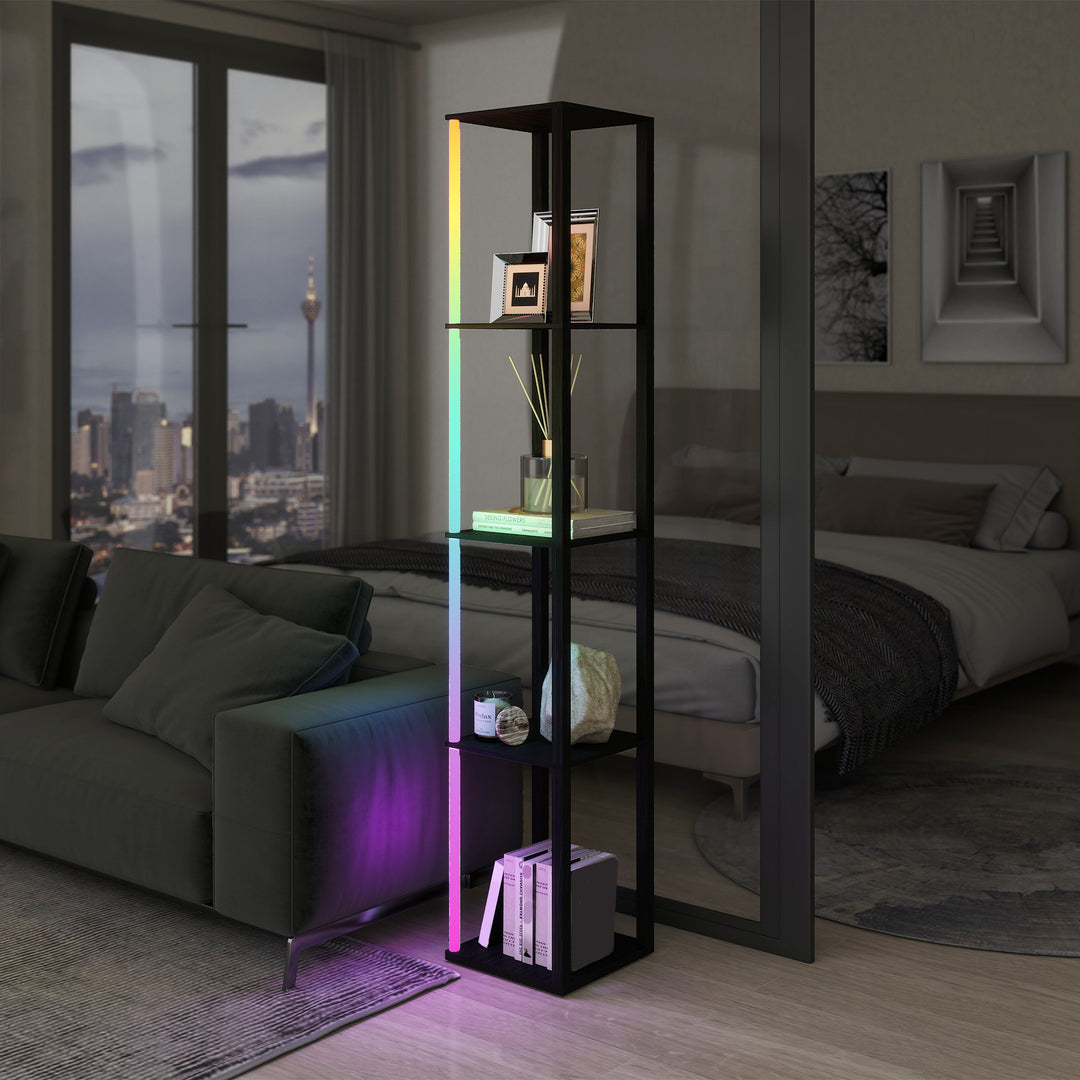 RGB LED Floor Lamp with Shelves, Modern Dimmable Standing Lamp with Remote Control, Adjustable Brightness & Speed for Living Room, Bedroom, Office, Black