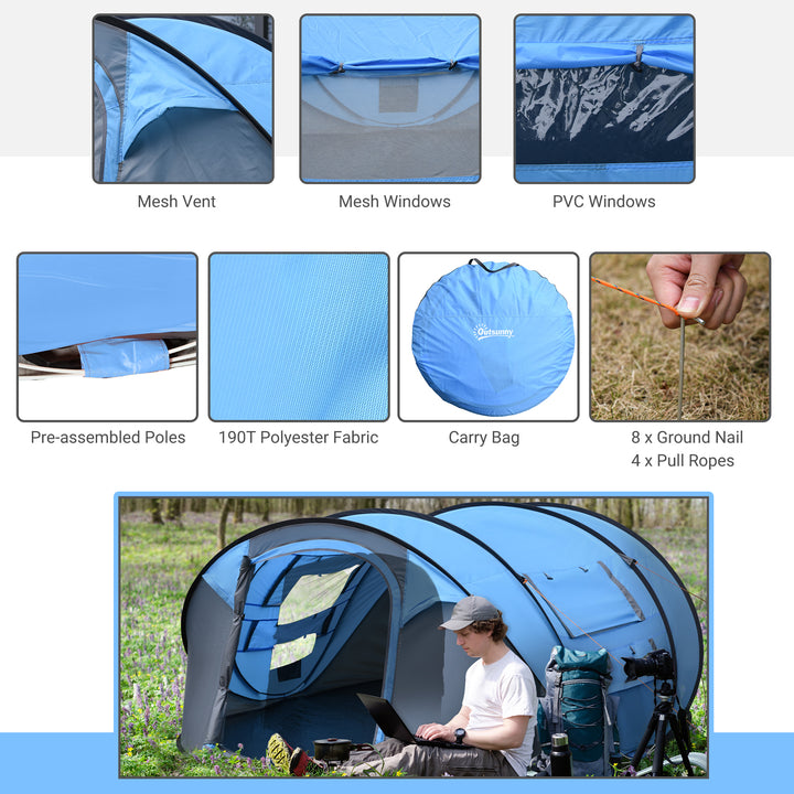 4 Person Pop-up Camping Tent Family Tent with Ground Sheet, 4 Windows and Portable Carry Bag for Beach Outdoor Trip, Sky Blue