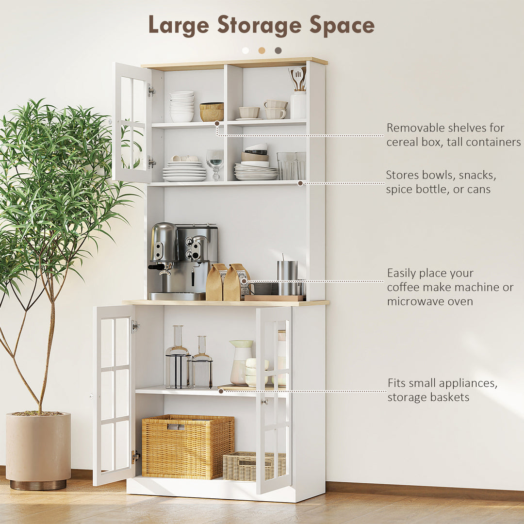 Freestanding Kitchen Cupboard, Storage Cabinet with Doors and Adjustable Shelves, Counter Top, Grid Glass Doors, 80L x 37W x 183H cm - White