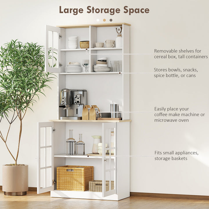 Freestanding Kitchen Cupboard, Storage Cabinet with Doors and Adjustable Shelves, Counter Top, Grid Glass Doors, 80L x 37W x 183H cm - White